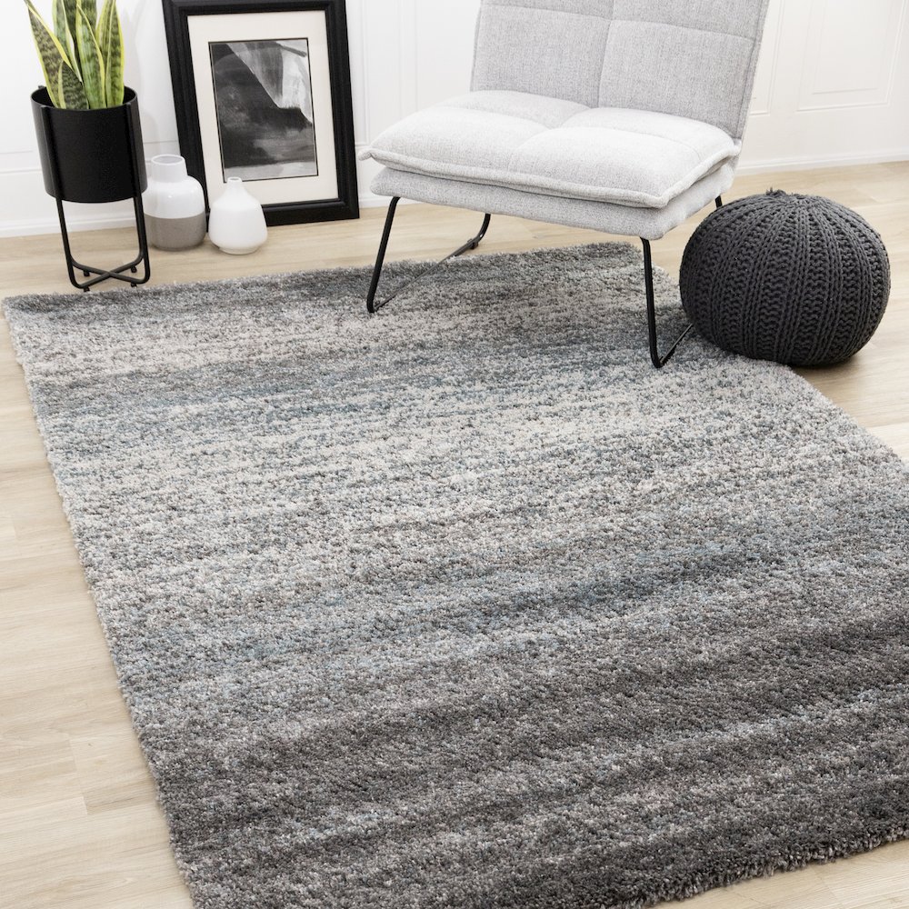 Madison Grey Blue White Modern Soft Shag Rug. Picture 2