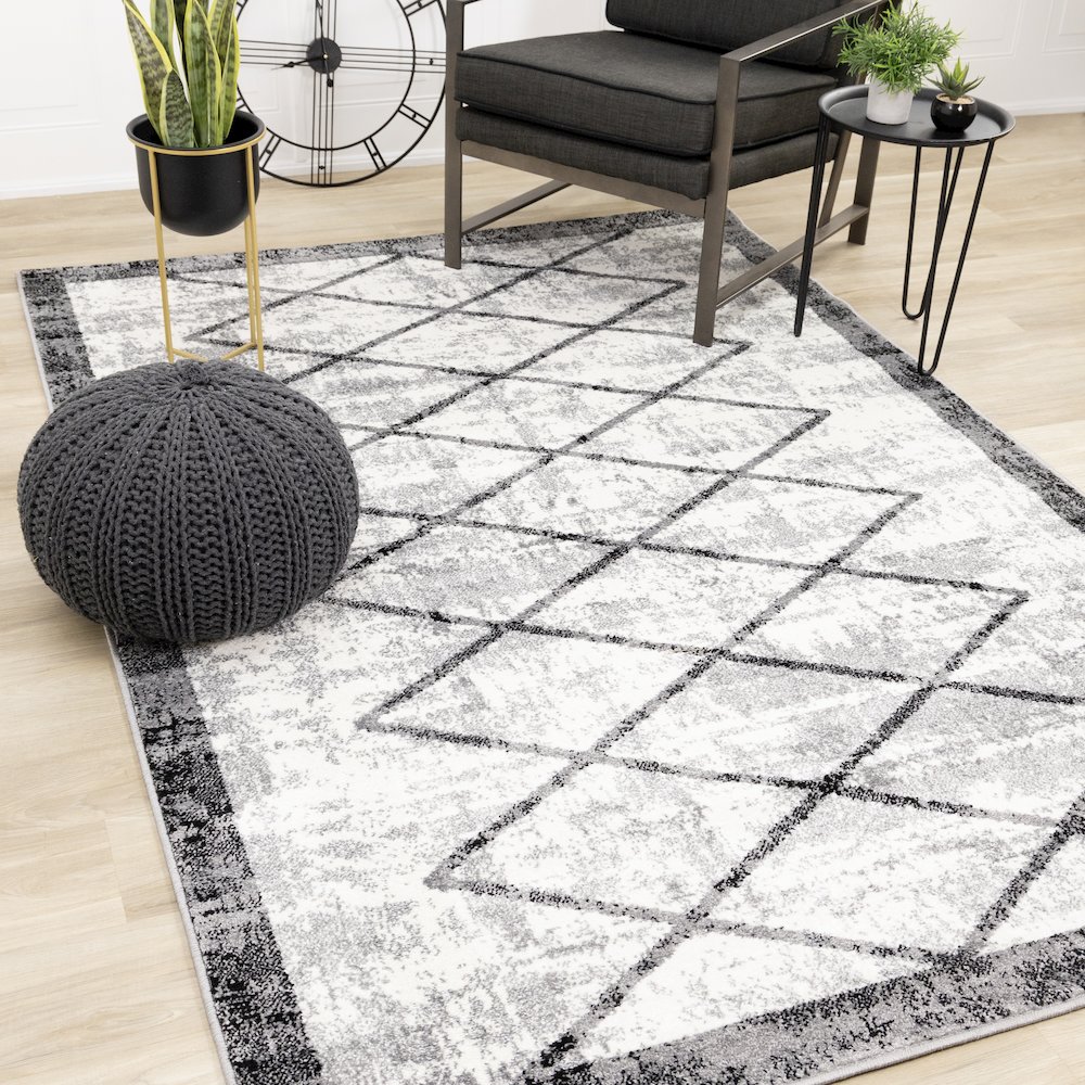 Claremont Grey Black Distressed Lattice Area Rug. Picture 2