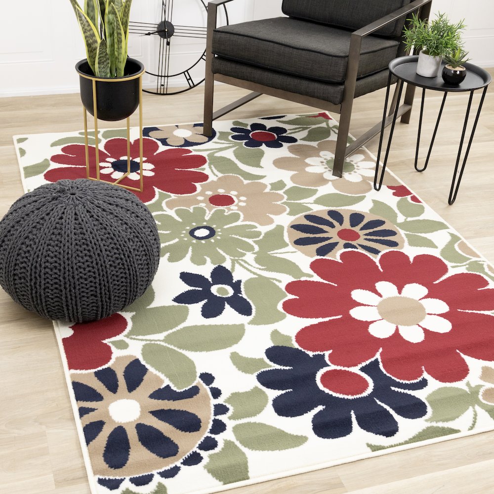 Functional Style Red Cream Floral Rug, 4'7" x 6'7", 4'7" x 6'7". Picture 2