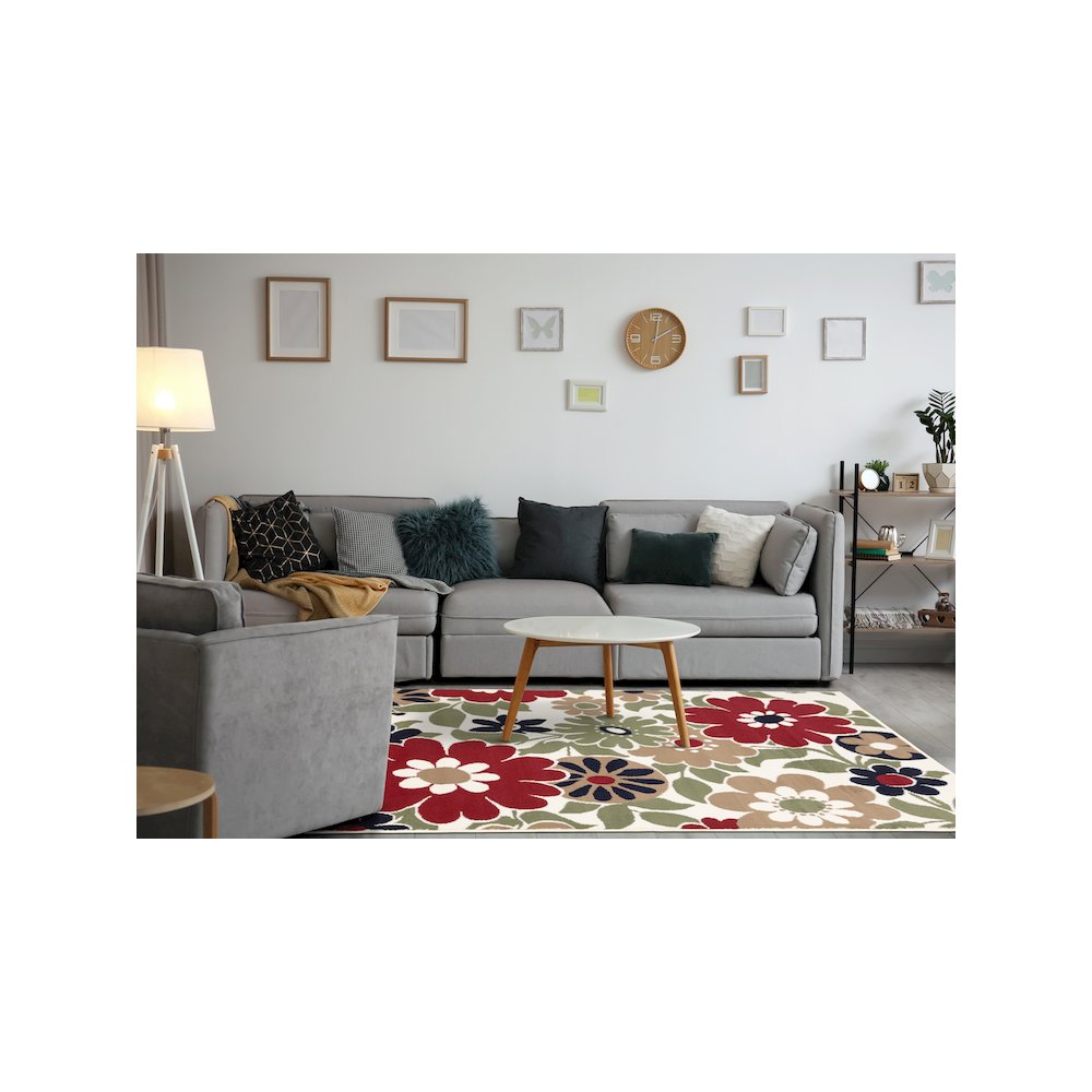 Functional Style Red Cream Floral Rug, 4'7" x 6'7", 4'7" x 6'7". Picture 3