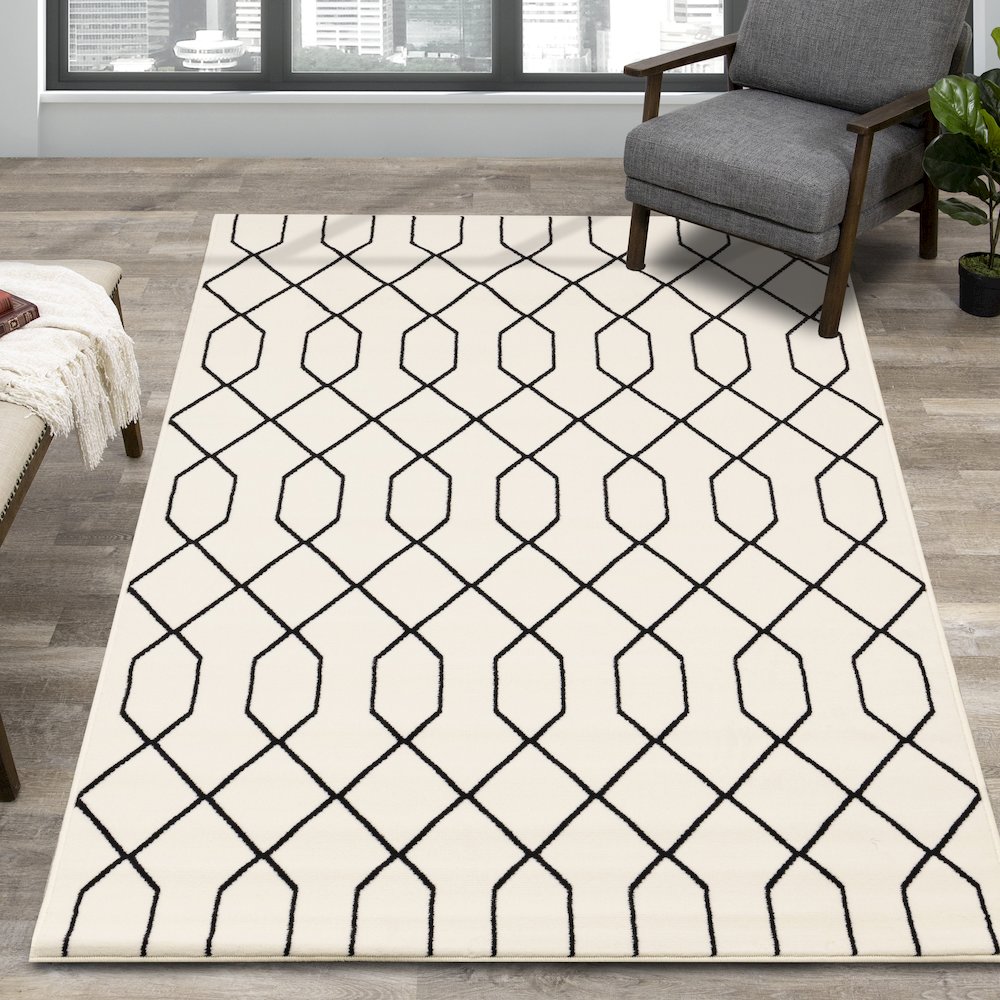 Functional Style Geometric Cream Black Rug, 4'7" x 6'7". Picture 2