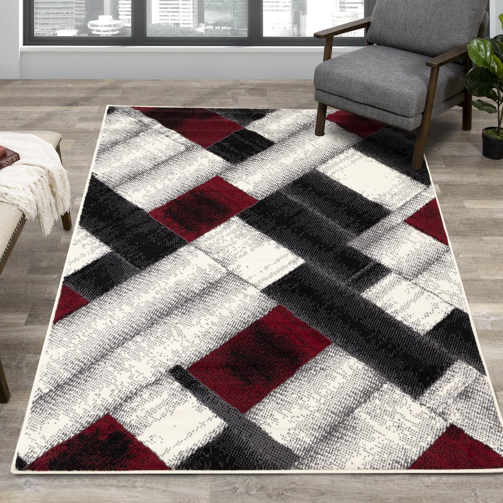 Functional Style Grey Red Block Pattern Rug, 4'7" x 6'7", 4'7" x 6'7". Picture 2