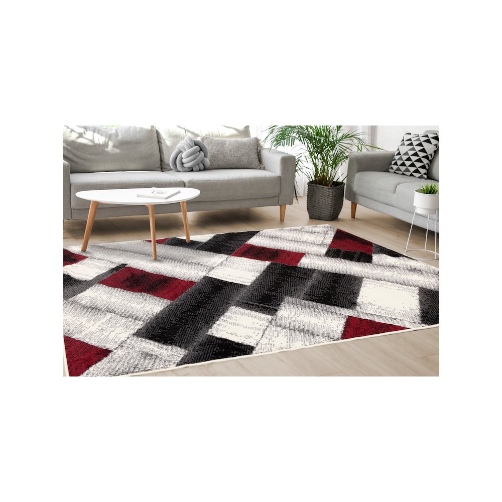Functional Style Grey Red Block Pattern Rug, 4'7" x 6'7", 4'7" x 6'7". Picture 3