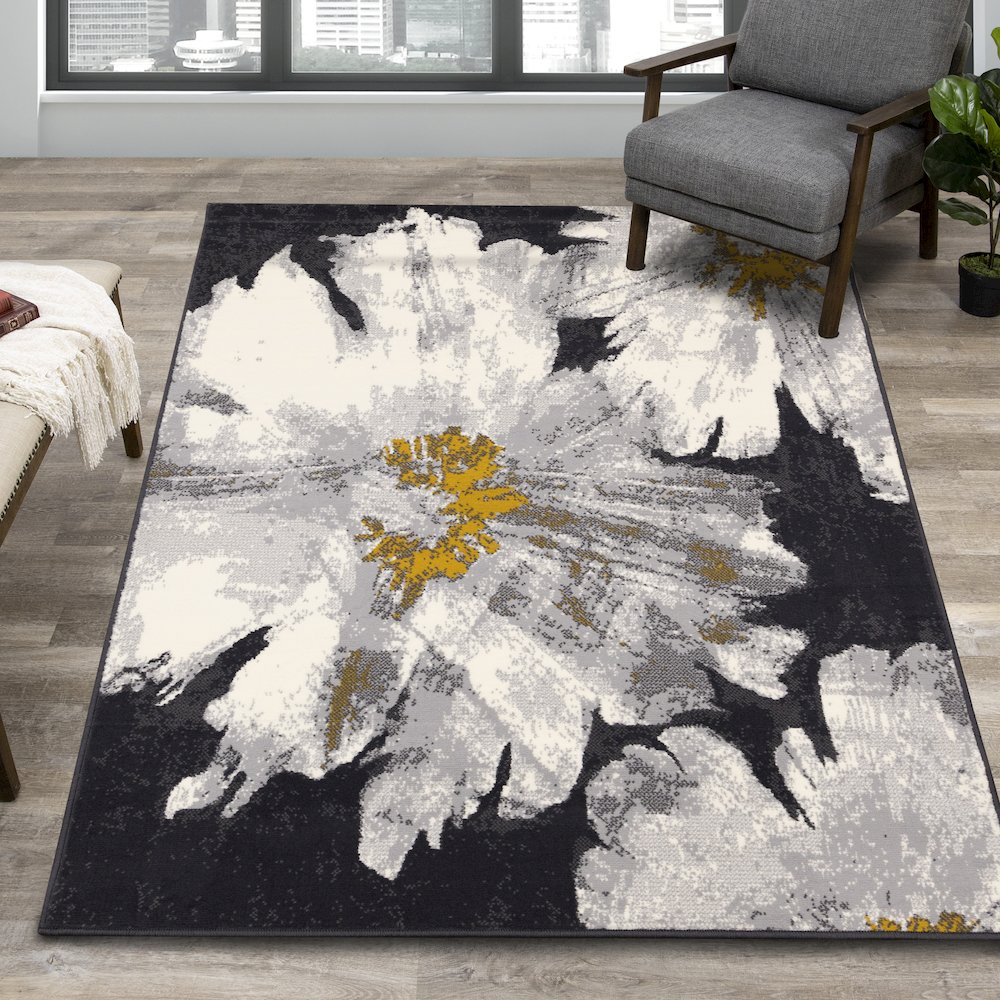 Functional Style Grey White Yellow Flower Area Rug, 4'7" x 6'7", 4'7" x 6'7". Picture 2