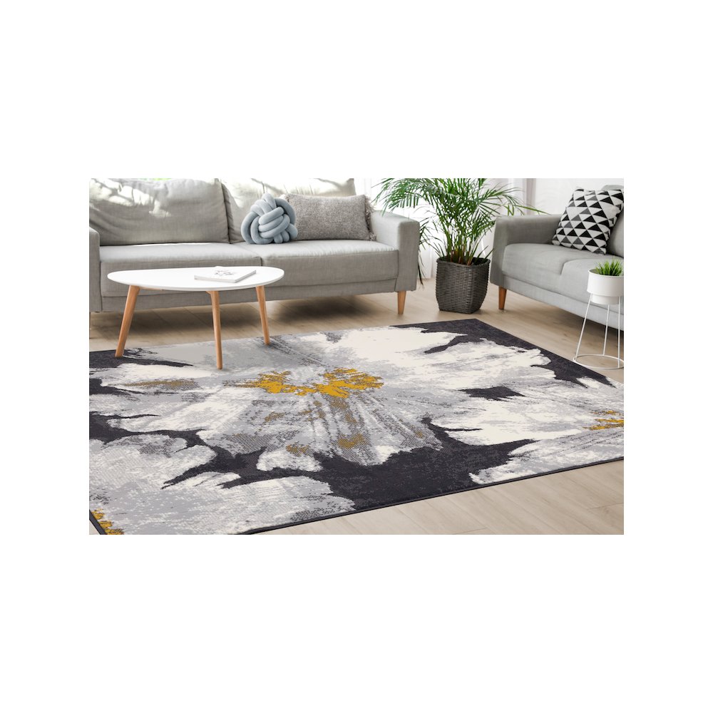 Functional Style Grey White Yellow Flower Area Rug, 4'7" x 6'7", 4'7" x 6'7". Picture 3