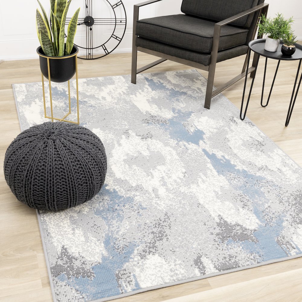 Functional Style Blue White Grey Abstract Rug, 4'7" x 6'7", 4'7" x 6'7". Picture 2