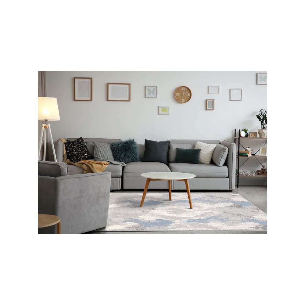 Functional Style Blue White Grey Abstract Rug, 4'7" x 6'7", 4'7" x 6'7". Picture 3
