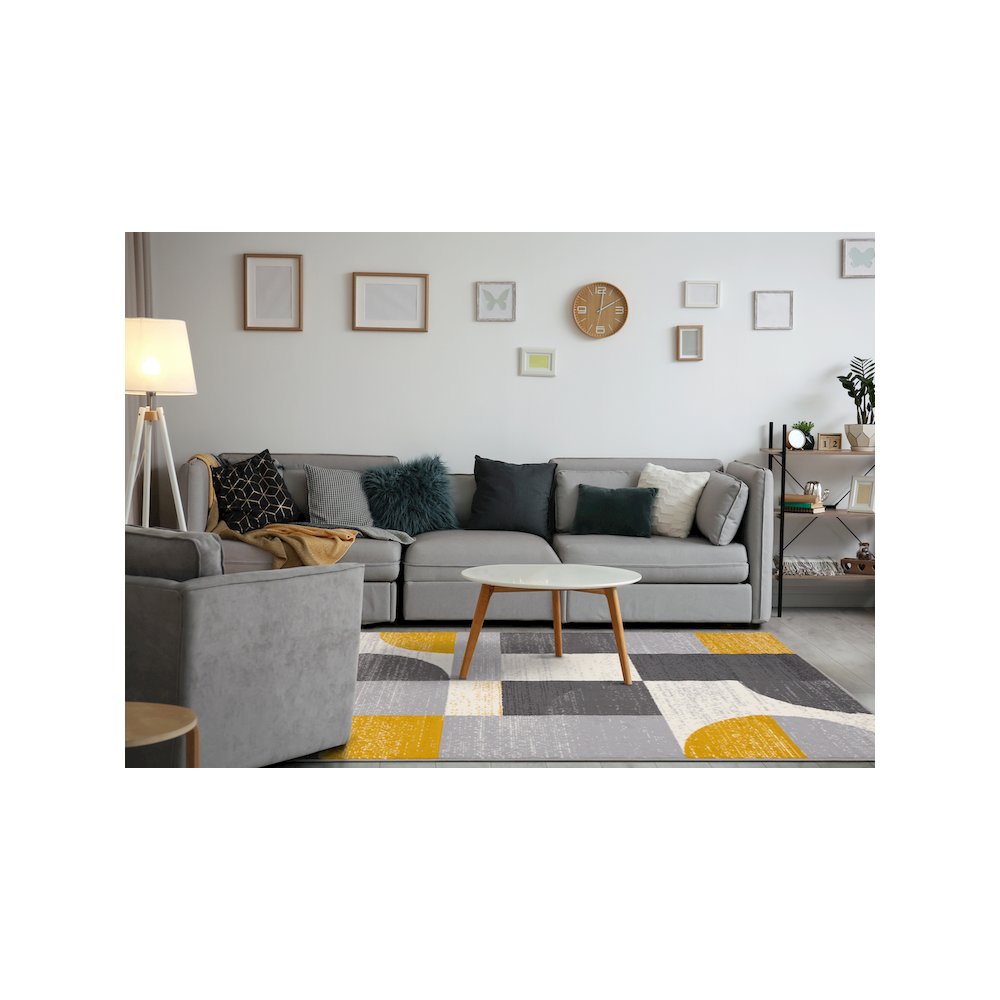 Functional Style Yellow Grey Geometric Blocks Rug, 4'7" x 6'7", 4'7" x 6'7". Picture 3