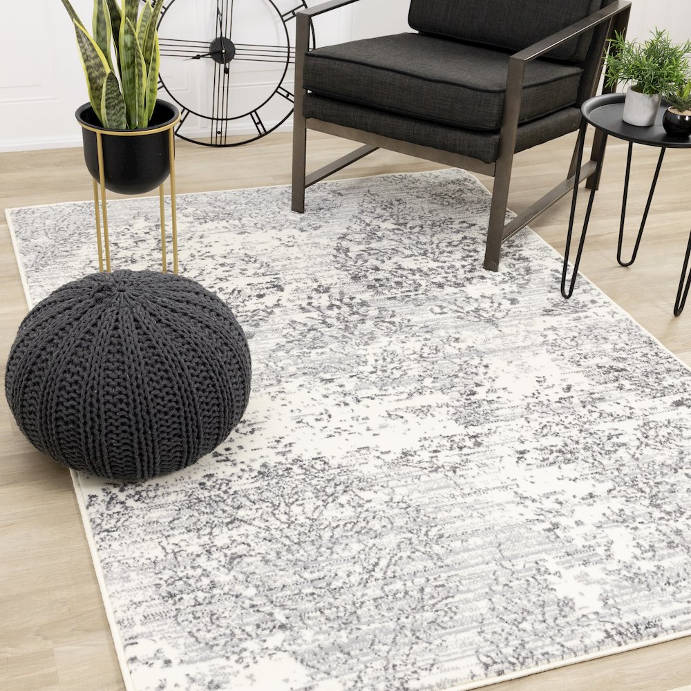 Functional Style Grey White Elegant Shapes Rug, 4'7" x 6'7", 4'7" x 6'7". Picture 2