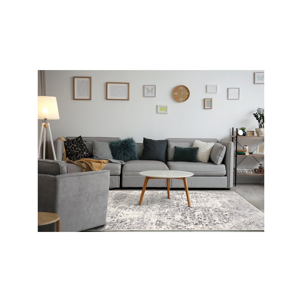 Functional Style Grey White Elegant Shapes Rug, 4'7" x 6'7", 4'7" x 6'7". Picture 3