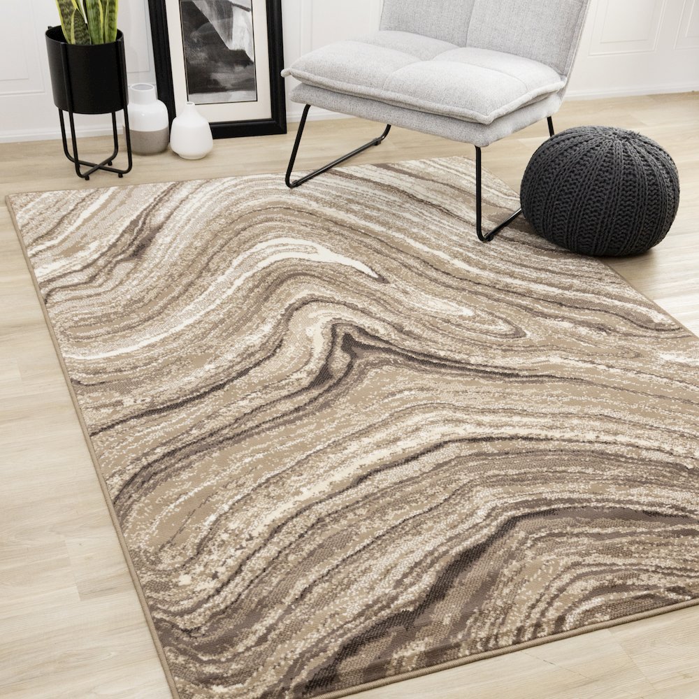 Brown Cream 5x7 Area Rug, Neutral Abstract Carpet for Living Room Comfort. Picture 2