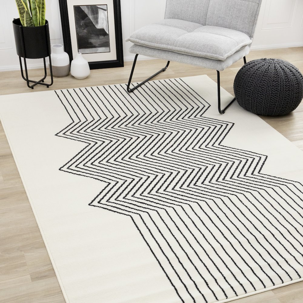 Modern Geometric 5x7 Rug Black and White Area Rug for Contemporary Décor. Picture 2