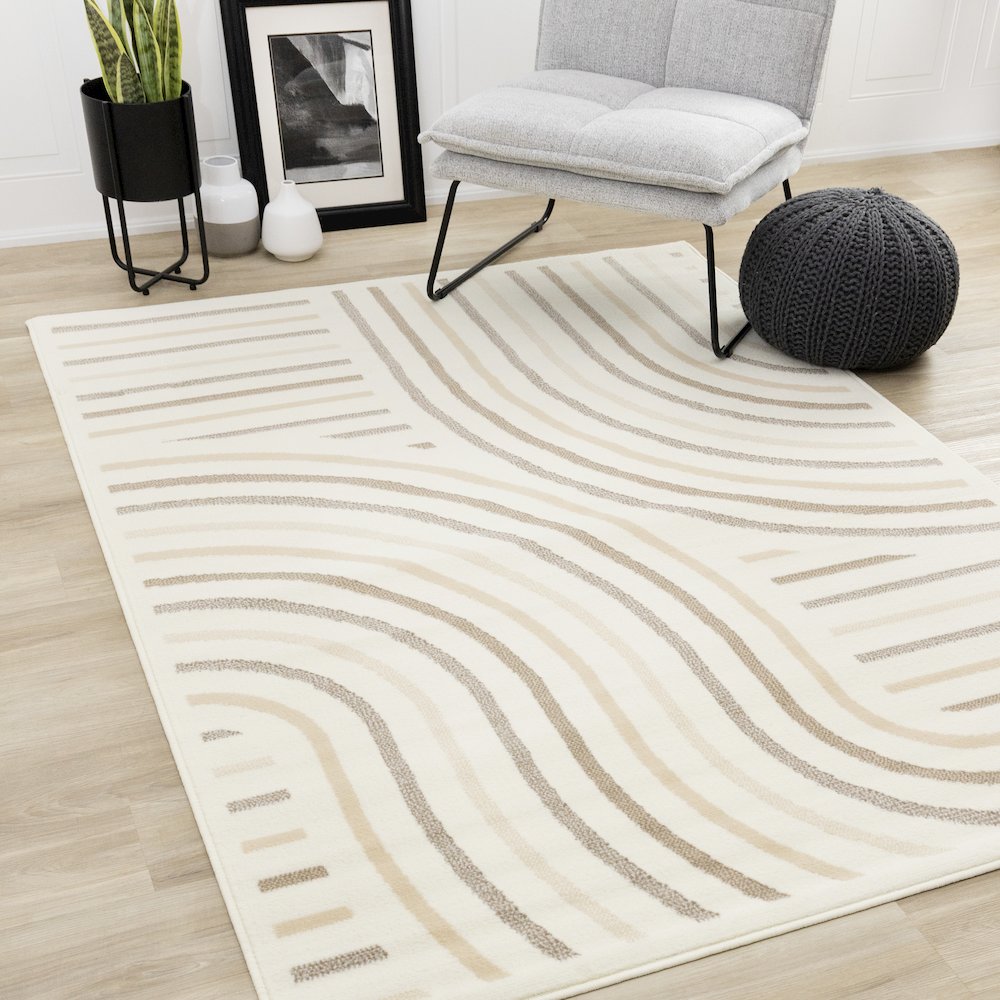 Functional Style Cream Beige Curves Rug, 5'3" x 7'5". Picture 2