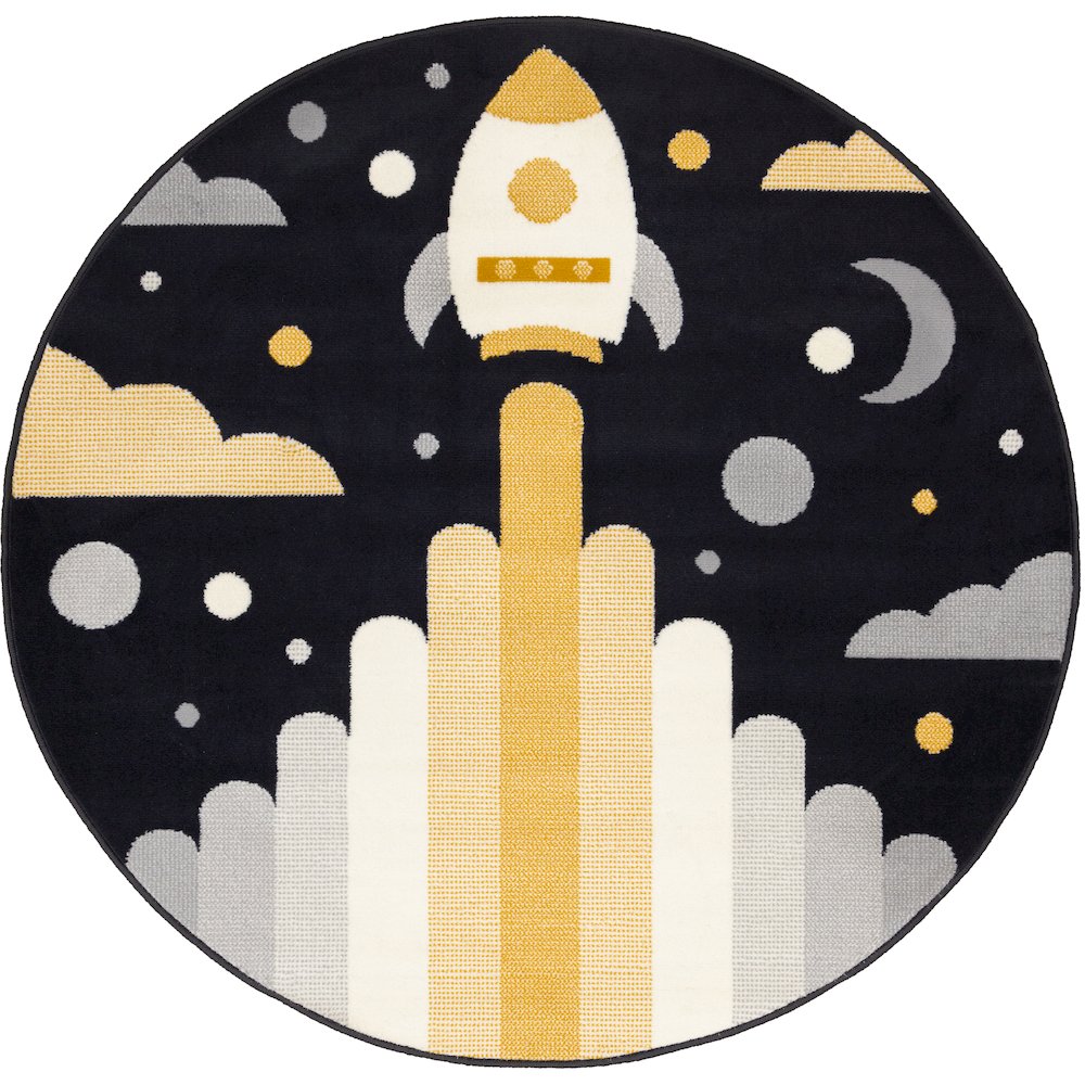 Kids Black White Yellow Rocketship Rug, 5'3" x 5'3" Round, 5'3" x 5'3". Picture 1