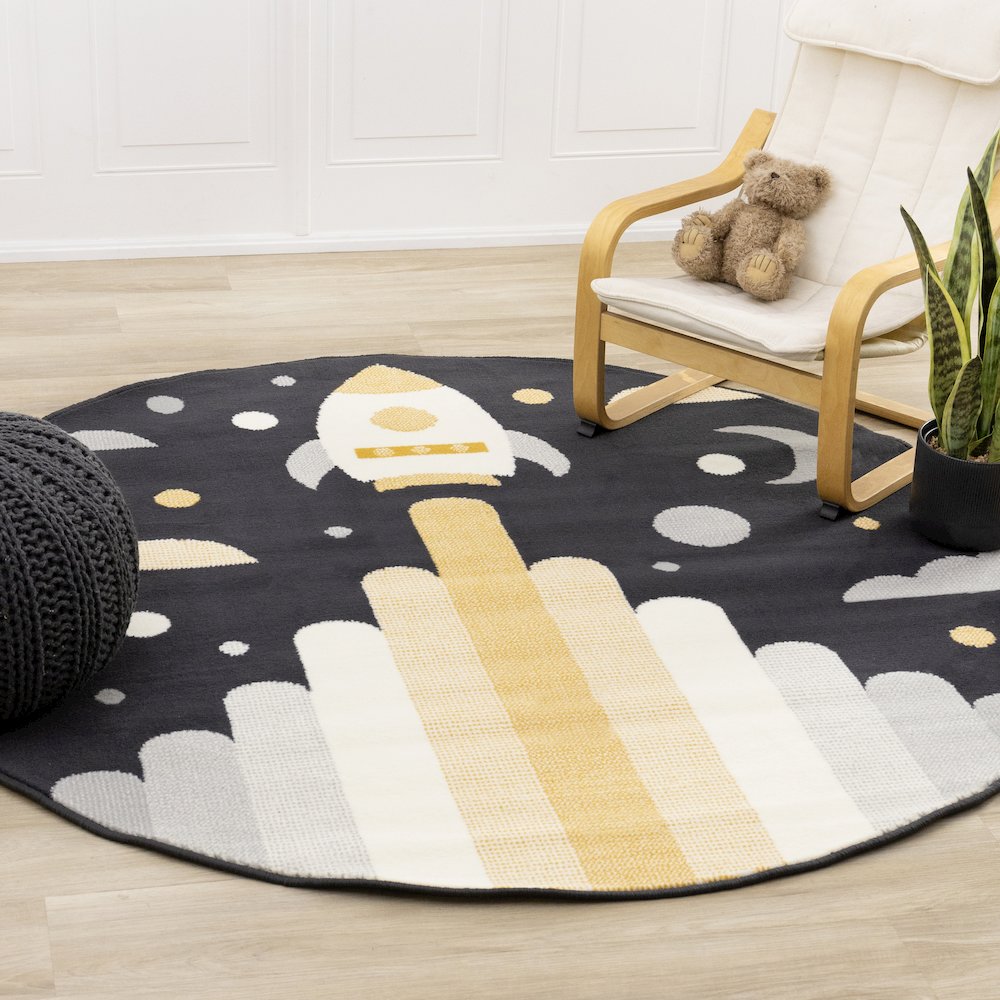 Kids Black White Yellow Rocketship Rug, 5'3" x 5'3" Round, 5'3" x 5'3". Picture 2
