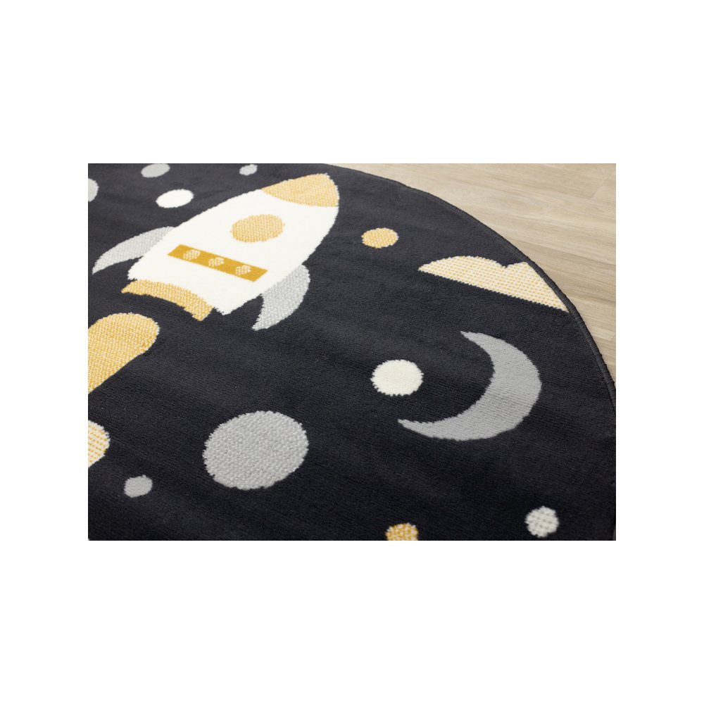 Kids Black White Yellow Rocketship Rug, 5'3" x 5'3" Round, 5'3" x 5'3". Picture 4