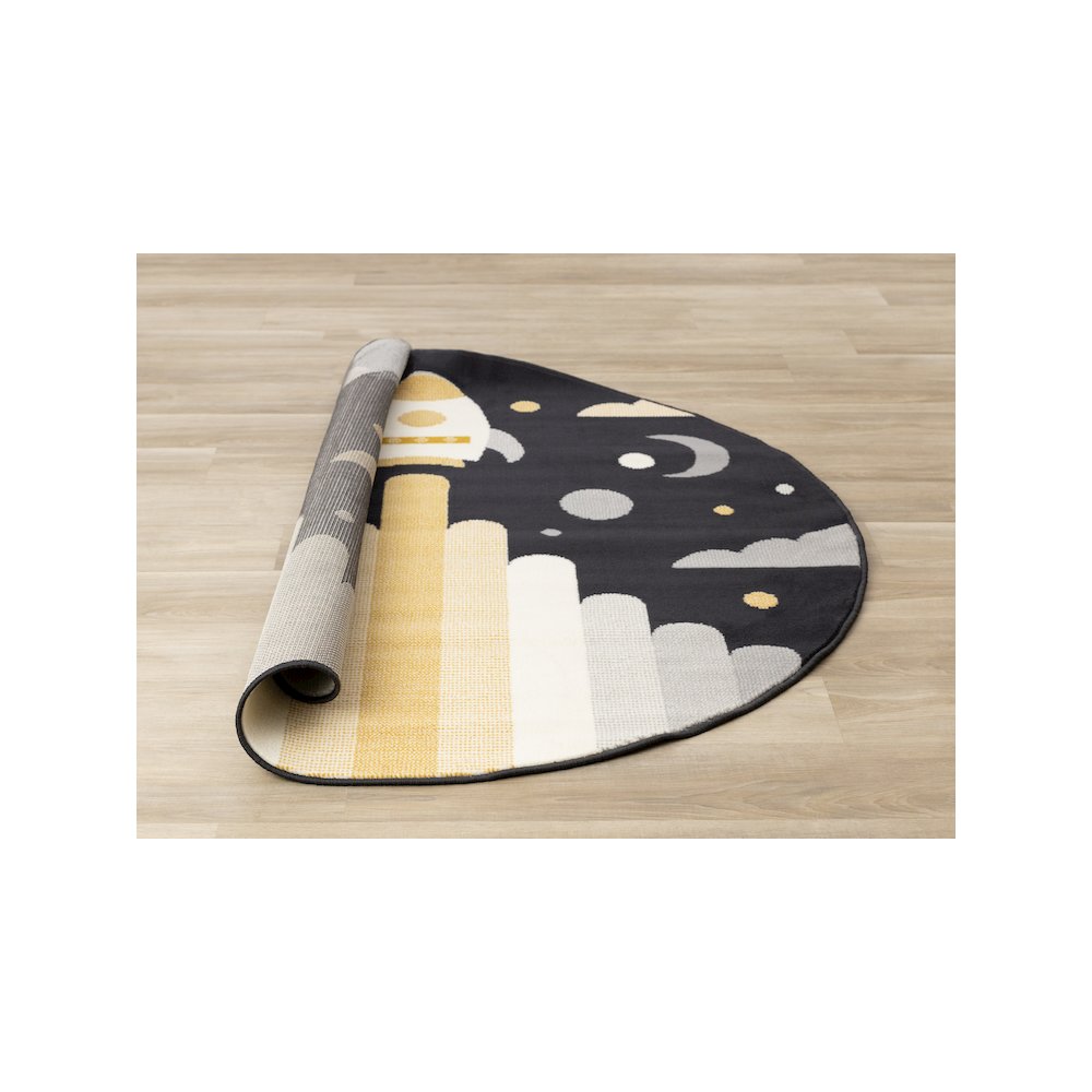 Kids Black White Yellow Rocketship Rug, 5'3" x 5'3" Round, 5'3" x 5'3". Picture 8