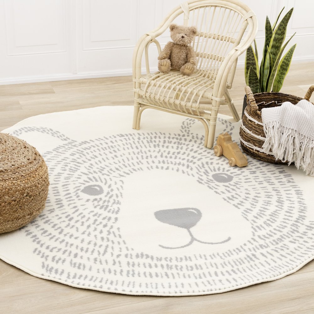 Functional Kids Grey White Teddy Bear Rug, 5'3" x 5'3" Round, 5'3" x 5'3". Picture 2