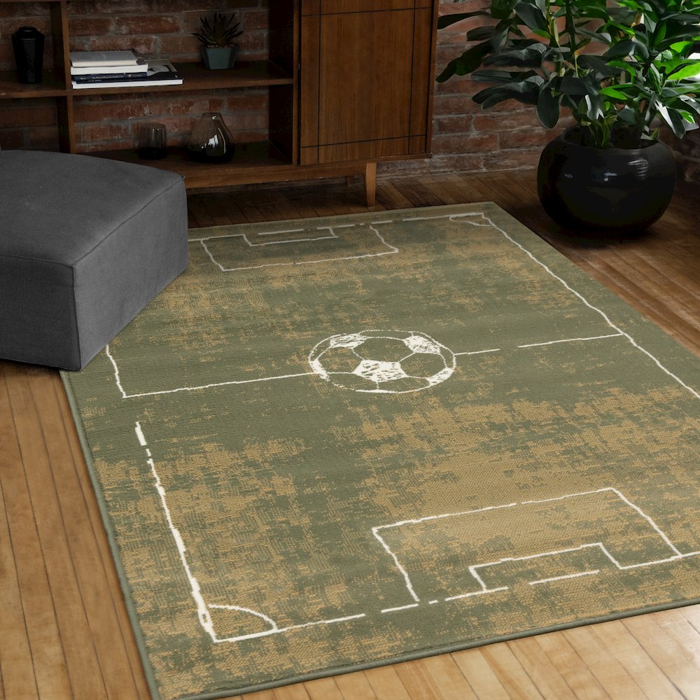 Green Soccer Field Rug, Fun Sports Carpet Accent for Kids Bedroom or Playroom. Picture 2