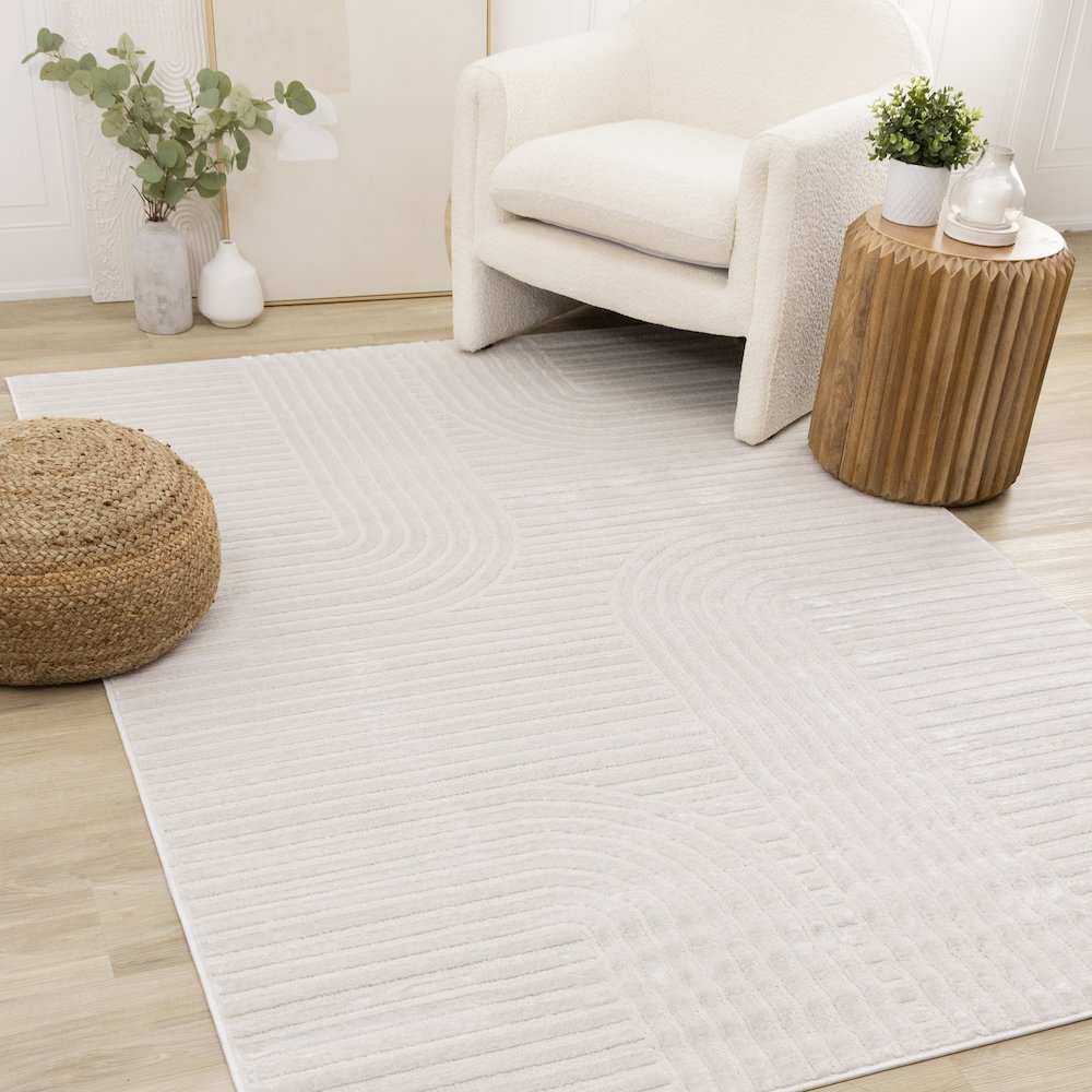 Logan Modern Curved Lines Soft Cream Textured Area Rug, 5'3" x 7'7". Picture 2