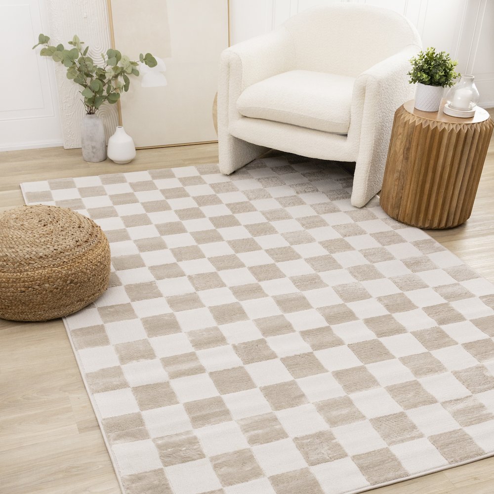 Logan Soft Beige Cream Checkered Rug, 5'3" X 7'7". Picture 2