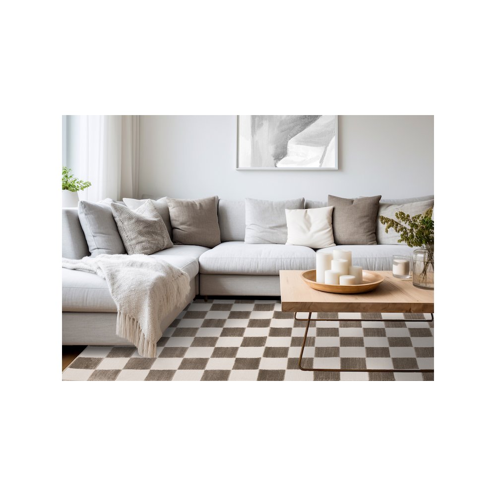 Logan Soft Brown Cream Checkered Rug. Picture 3