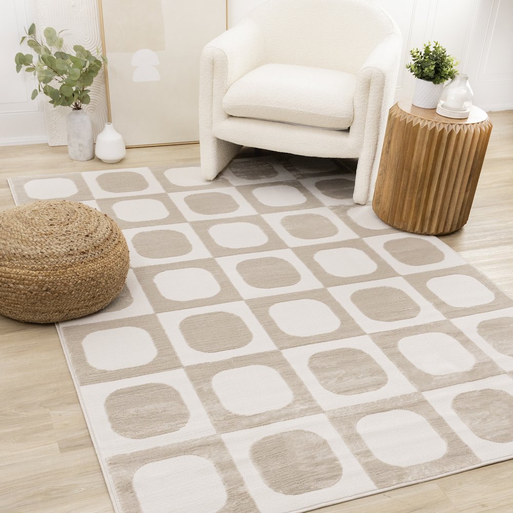 Logan Beige Cream Soft Mid-Century Modern Rug, 5'3" X 7'7". Picture 2
