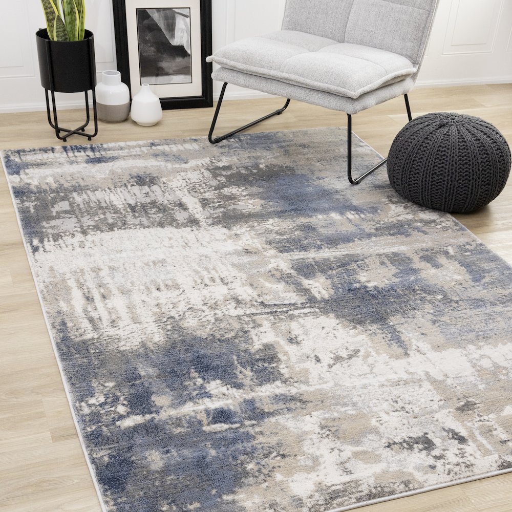 Logan Blue Beige Grey Soft Abstract Rug, 5'3" x 7'7". Picture 2