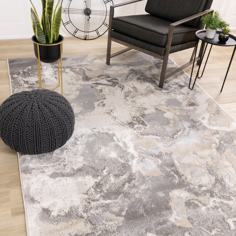 Layla Modern Swirl Beige Grey Cream Rug, 5'3" x 7'7". Picture 2