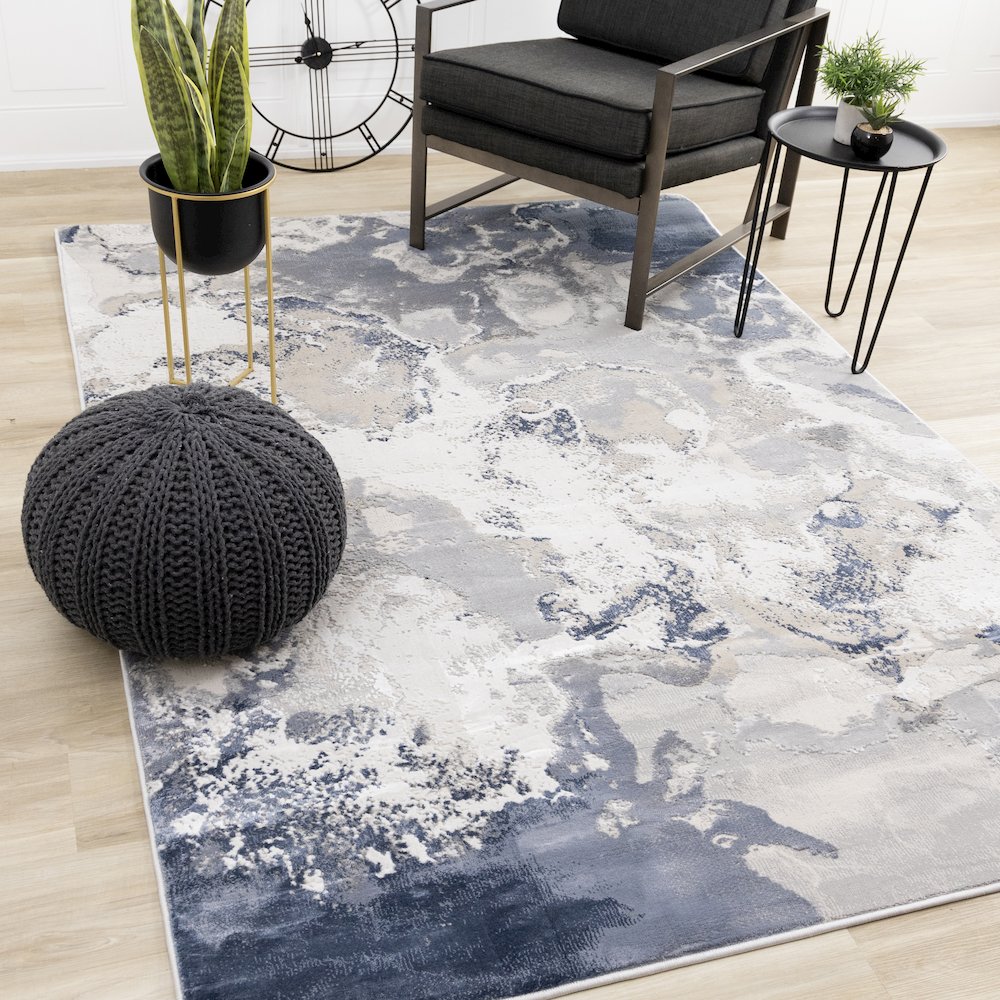 Layla Modern Swirl Grey Blue Cream Rug, 5'3" X 7'7". Picture 2