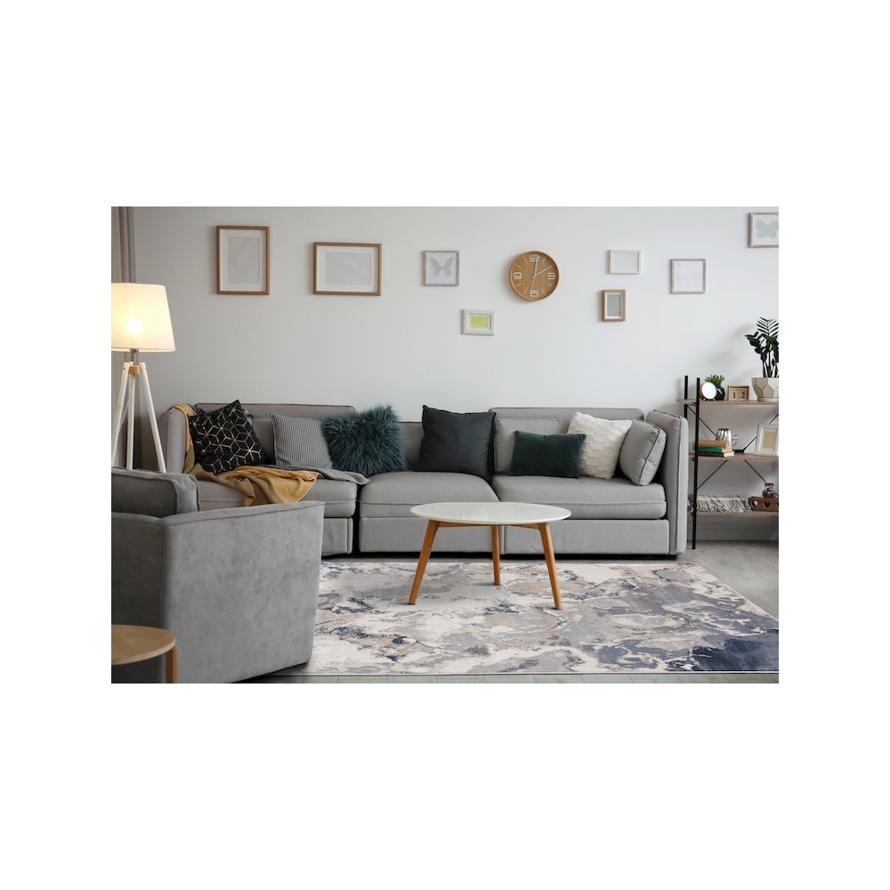 Layla Modern Swirl Grey Blue Cream Rug, 5'3" X 7'7". Picture 3