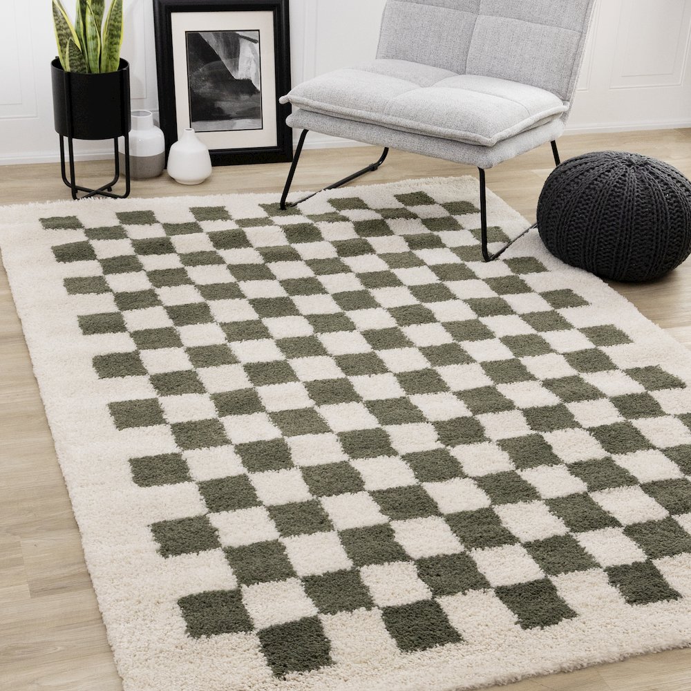 Madison Cream Green Small Checkered Shag Rug, 5'3" x 7'7". Picture 2