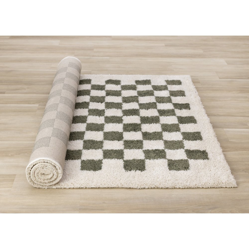 Madison Cream Green Small Checkered Shag Rug, 5'3" x 7'7". Picture 8