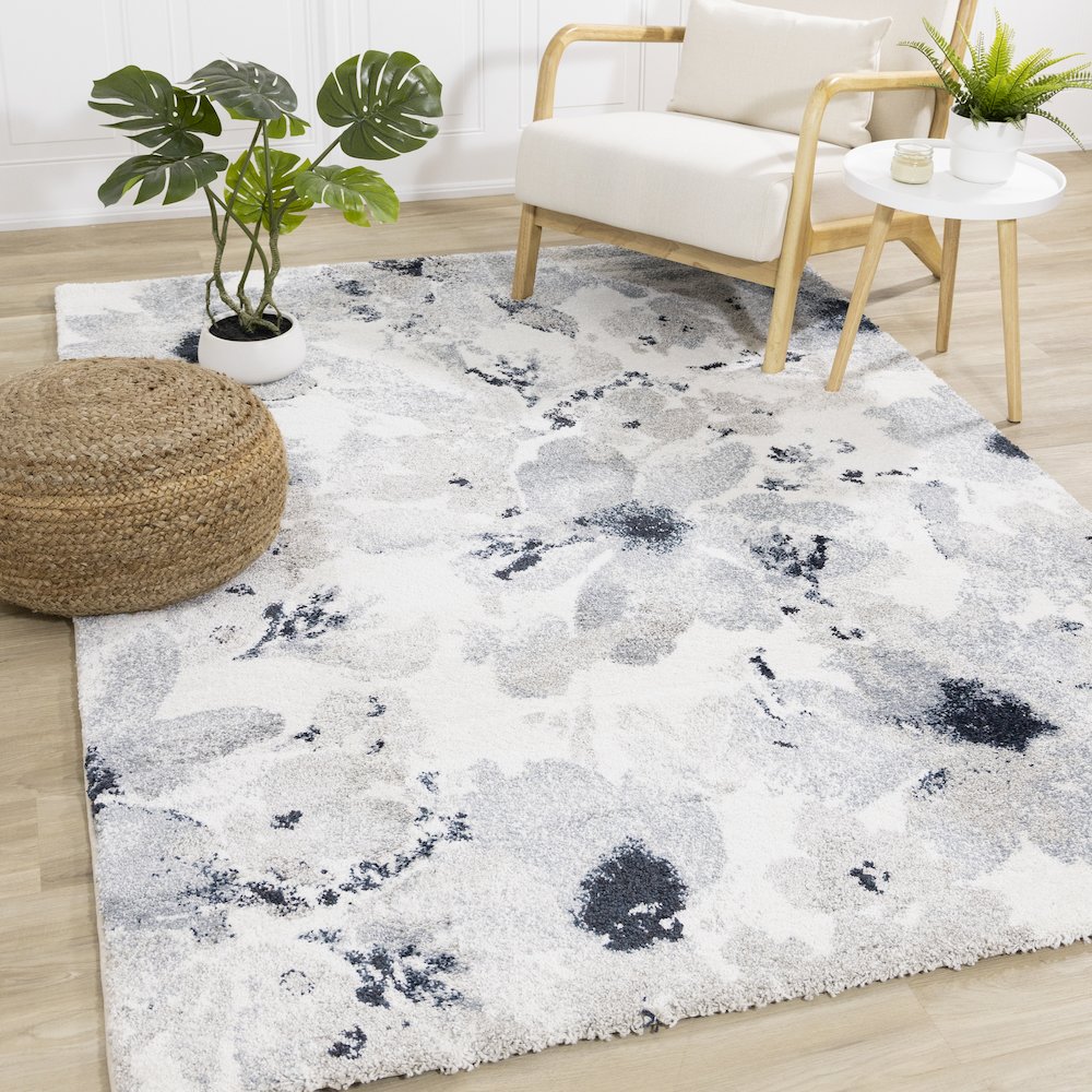 Sakura Grey White Blue Floral Rug, 5'3" x 7'7". Picture 2