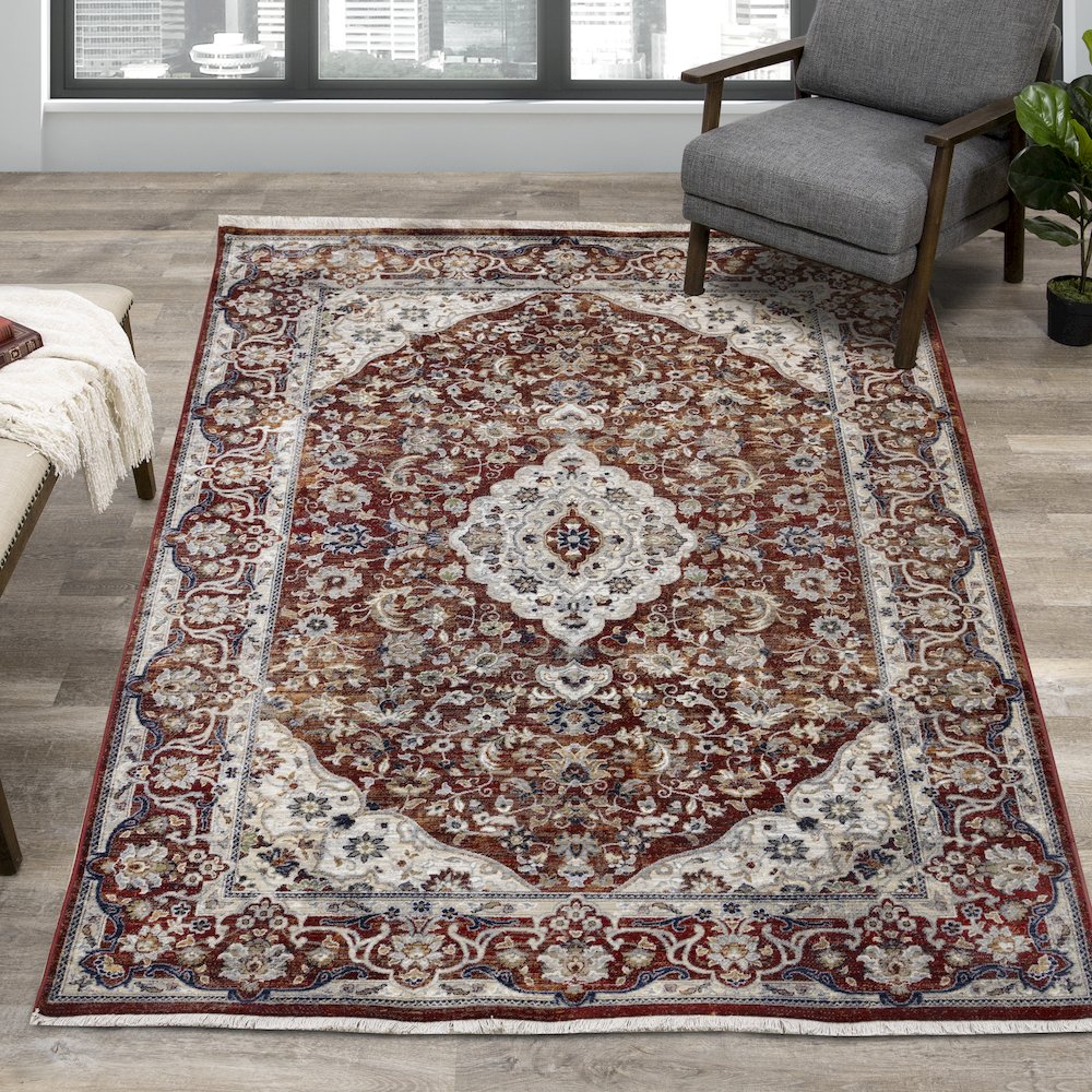 Sena Cream Red Traditional Medallion Rug, 5'3" x 7'7". Picture 2