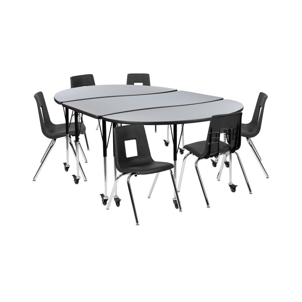 86" Oval Wave Flexible Laminate Activity Table Set with 18" Student Stack Chairs, Grey/Black. Picture 1