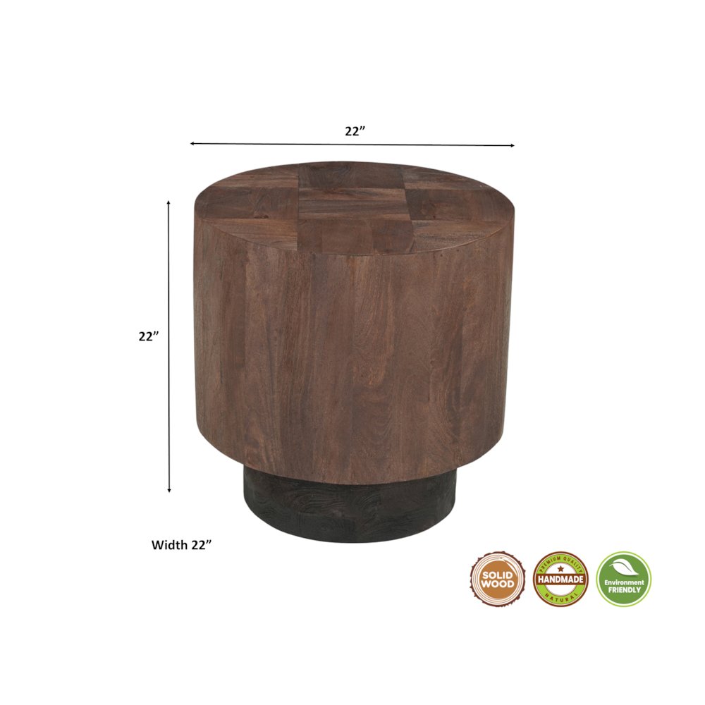 Round Solid Mango Wood End Table with Dark Brown Finish and Textured Grain Top. Picture 6