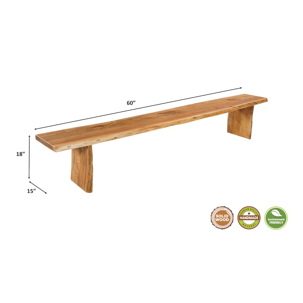 Savoy Solid Wood Dining Bench with Live Edge Seat and Sled Base, Brown Finish. Picture 6