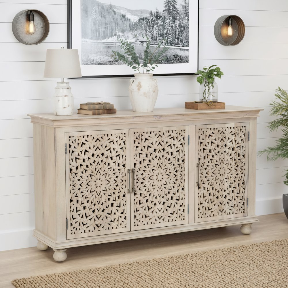 Calista 3-door Floral Carved Solid Wood Sideboard. Picture 9