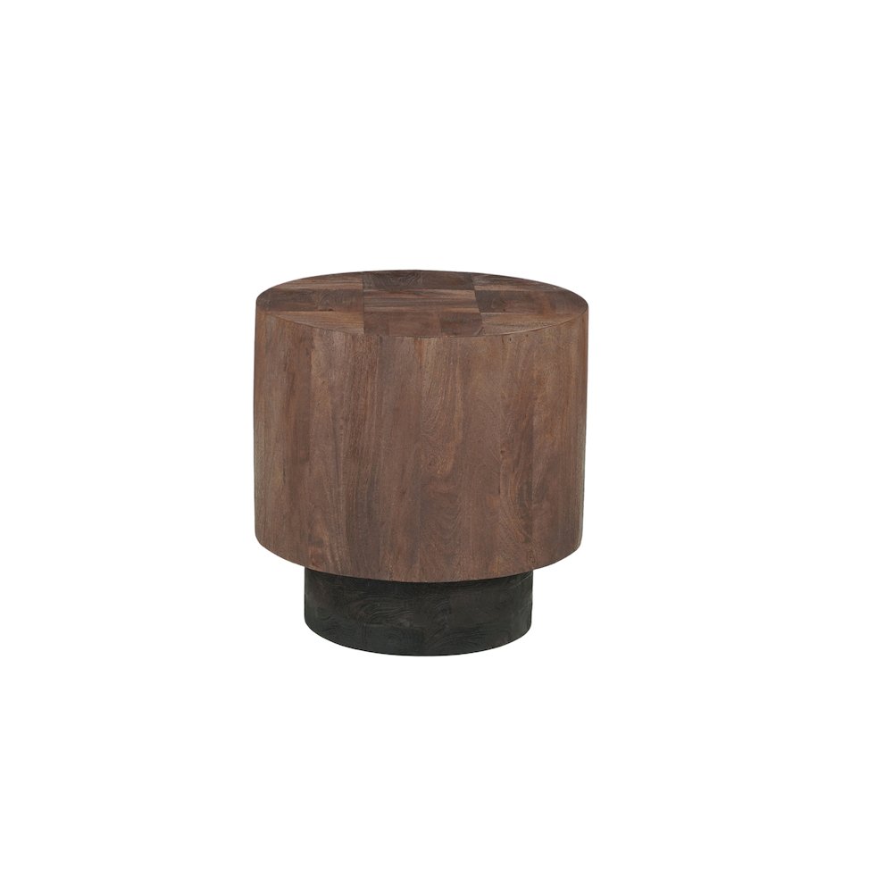 Round Solid Mango Wood End Table with Dark Brown Finish and Textured Grain Top. Picture 1
