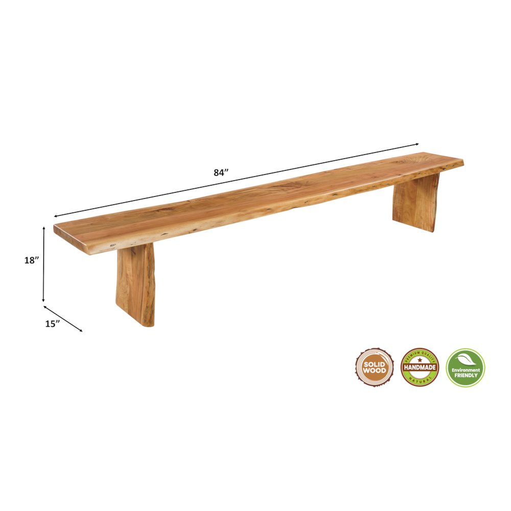 Savoy Solid Wood Dining Bench with Live Edge Seat and Sled Base, Brown Finish. Picture 6