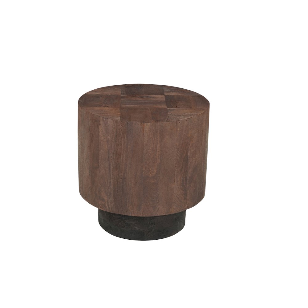 Round Solid Mango Wood End Table with Dark Brown Finish and Textured Grain Top. Picture 2
