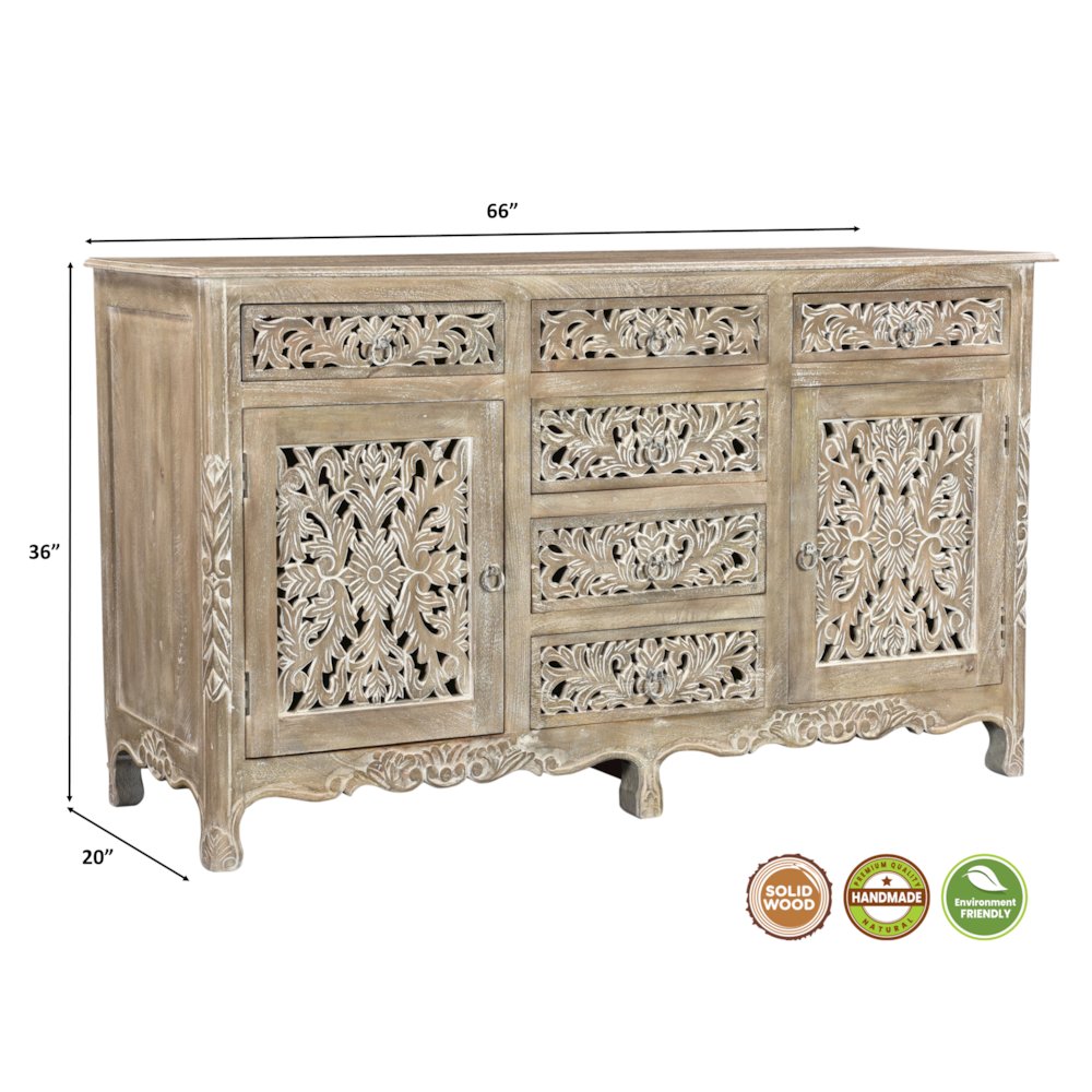 Elowen 6-drawer 2-door Floral Carved Solid Wood Sideboard. Picture 8