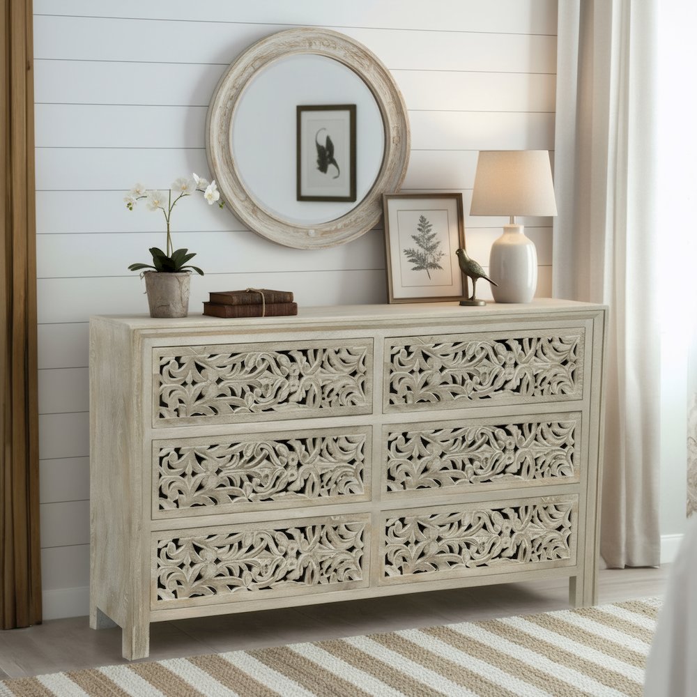 Calista 6-drawer Floral Carved Solid Wood Dresser. Picture 10