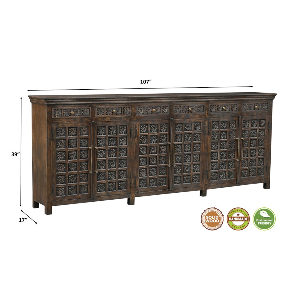Grayson 6-drawer 6-door Carved Solid Wood Sideboard, Brown. Picture 6