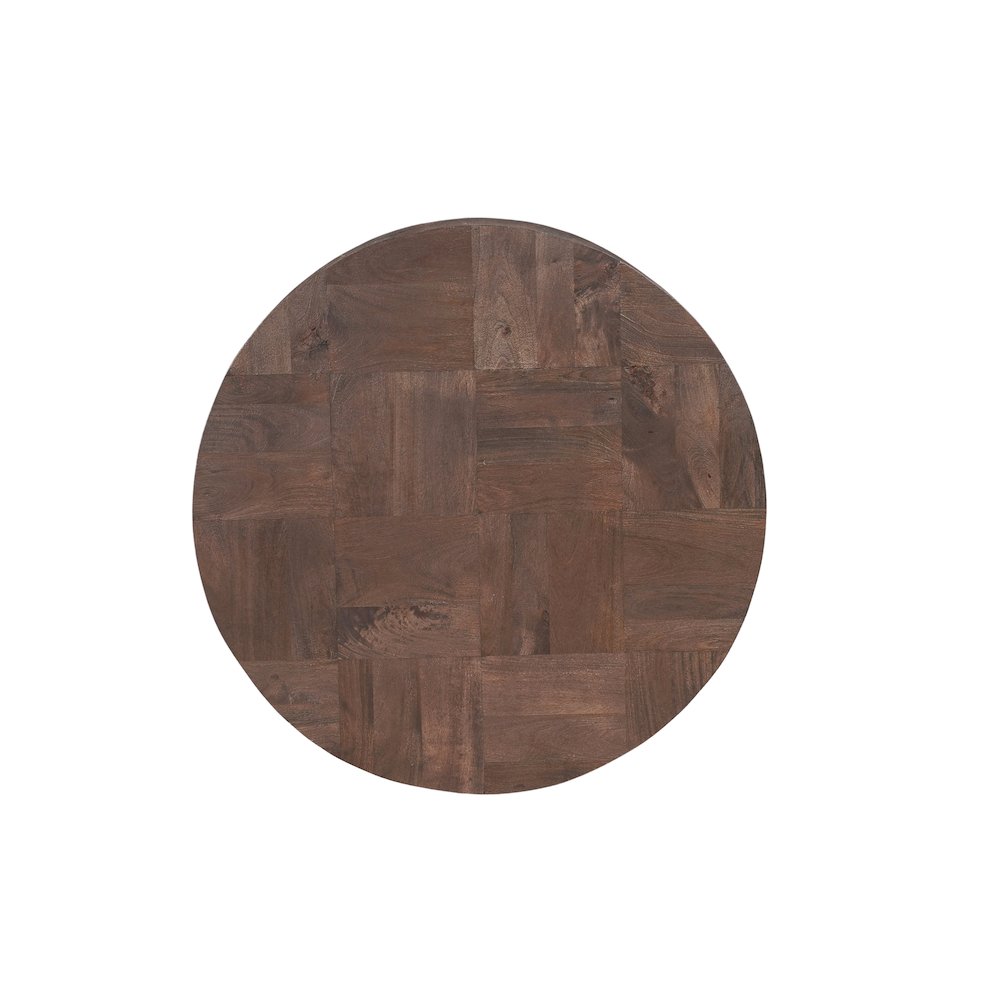 Reed Round Solid Wood Coffee Table with Brown Finish and Sculpted Base. Picture 4