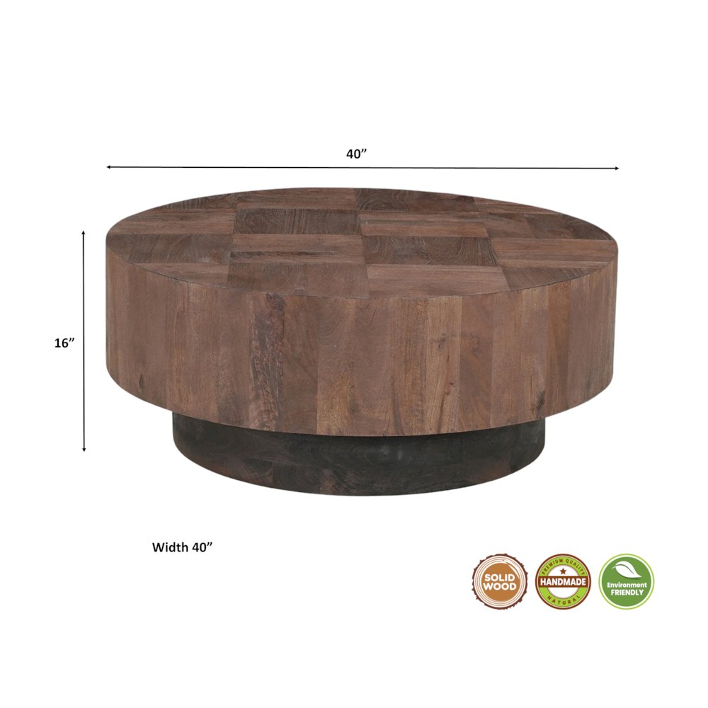 Reed Round Solid Wood Coffee Table with Brown Finish and Sculpted Base. Picture 5