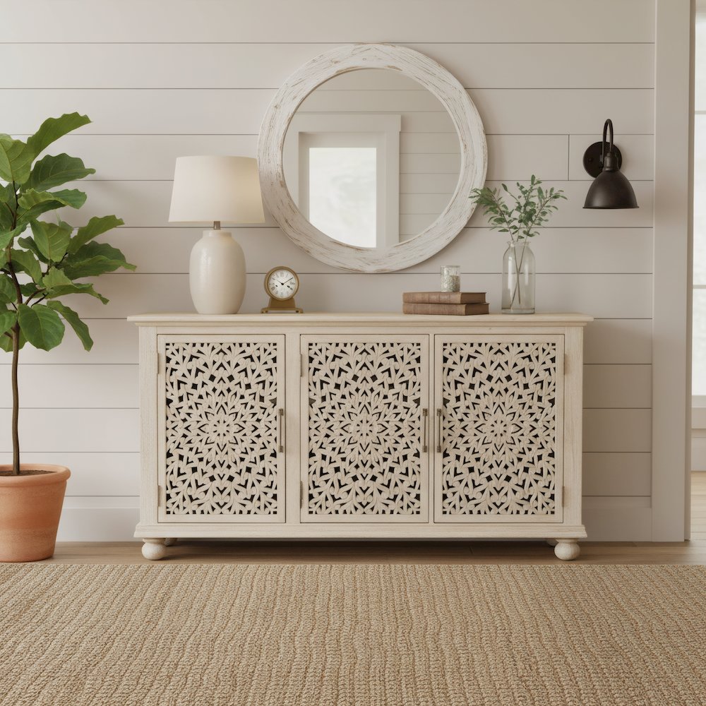 Calista 3-door Floral Carved Solid Wood Sideboard. Picture 8