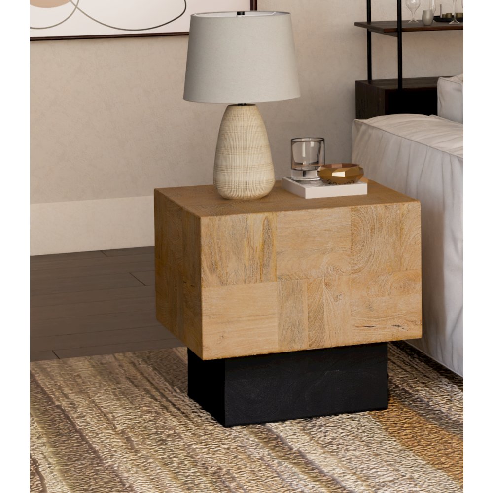 Reed Square Solid Mango Wood End Table with Brown Finish and Platform Base. Picture 2