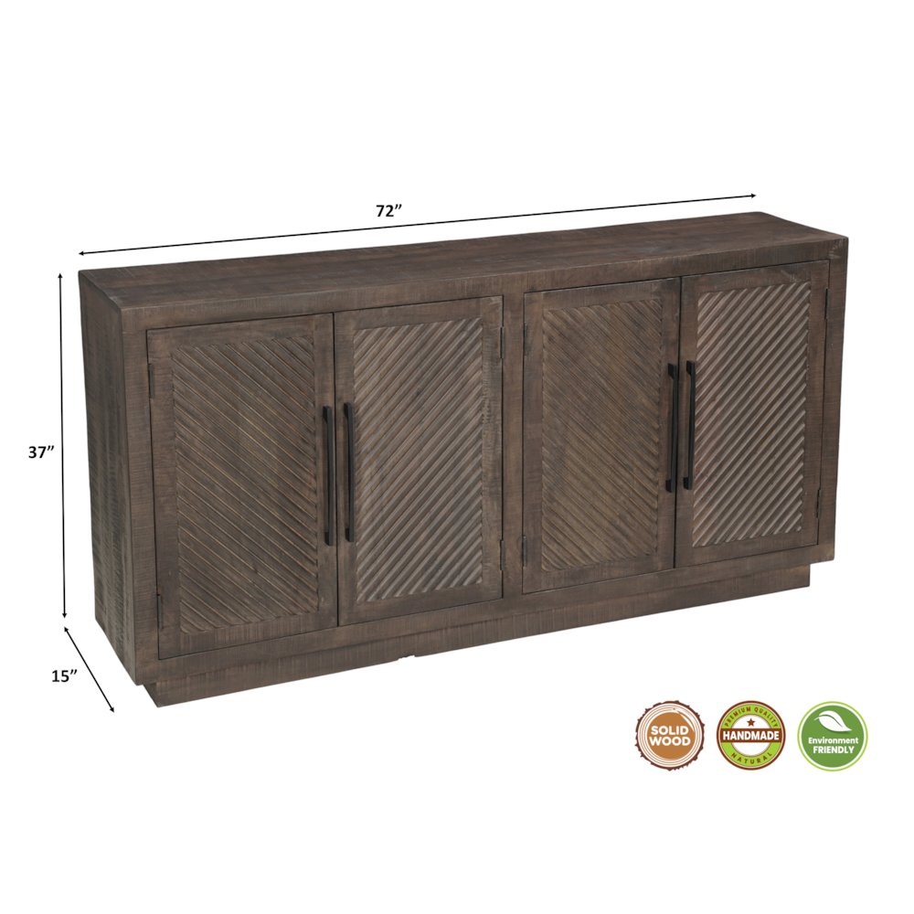 Lennox Solid Wood Sideboard with 4 Fluted Doors, Rustic Brown Finish. Picture 7